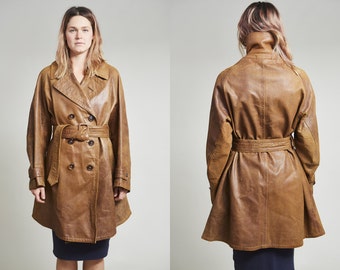 Sale Vintage Full Length Leather Coat Double Breasted Belted