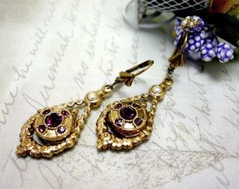 Antique Victorian jewelry Antique brass nickel free earrings Rhinestones jewelry Brass Victorian earring Teardrop earrings Purple earrings
