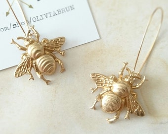 Gold Bee Earrings Dangle Bee Earrings Gold Bumble Bee Earrings Drop Earrings Insect Earrings Insect Jewelry