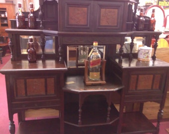 Antique Buffet Bar Sideboard Server ornate solid wood piece with original glass amazing detail