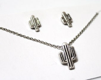 SET Cactus Necklace, Cactus Earrings, Cactus Charm, Antic Silver Cactus, Tiny Cactus Earrings, Dainty Cactus Necklace, Birthday Gift