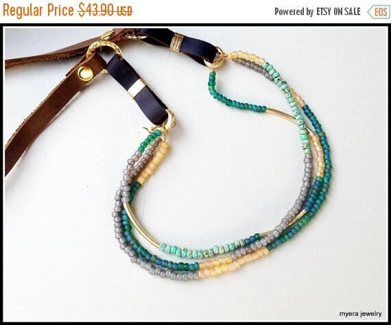 Free Shipping - Leather Bead Necklace, Multi strand necklace, Green Bead Jewelry, mixed jewelry Necklace, Leather Bead Pendant, long Leather