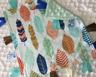 Personalized Tag Blanket Sensory Ribbon Blanket Lovey- Mint Navy and Coral Feathers with Minky Dot