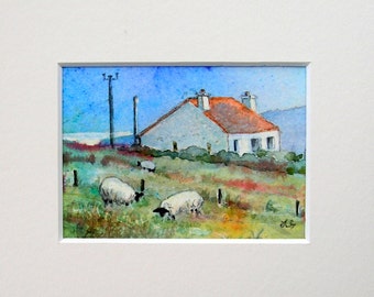 Hillside cottage, Isle of Harris.Original watercolour mounted ACEO