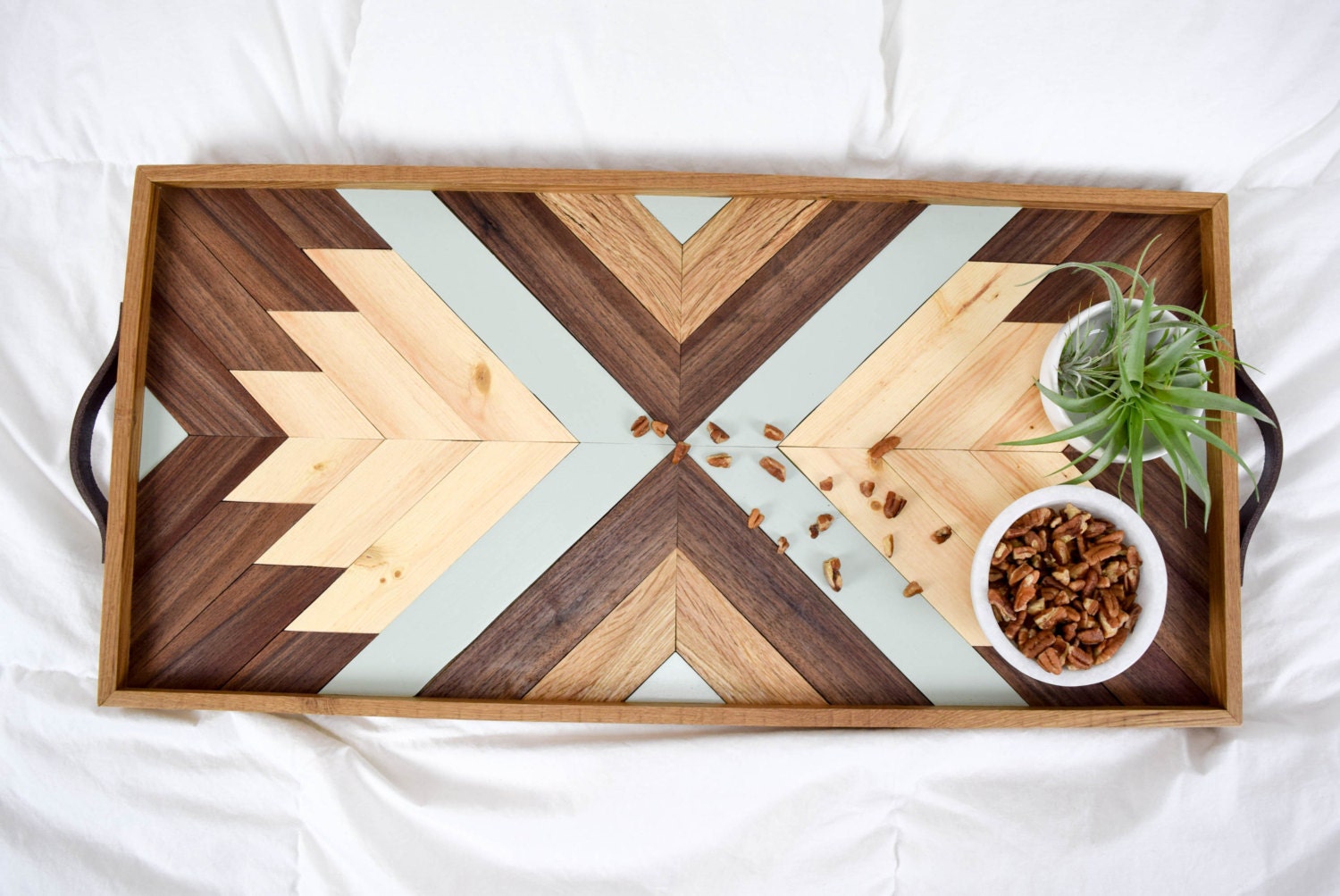 Wood Tray with Leather Handles Modern Serving Tray