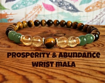 Abundance & Prosperity Bracelet, Citrine + Tiger Eye + Green Aventurine, Intention Wrist Mala Beads, Success + Wealth + Manifestation