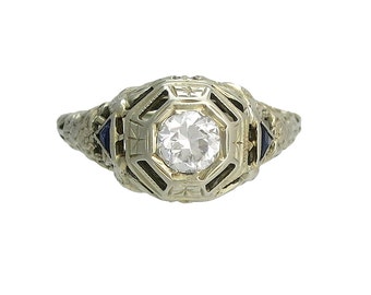 Edwardian 18K White Gold Diamond Sapphire Filigree Ring