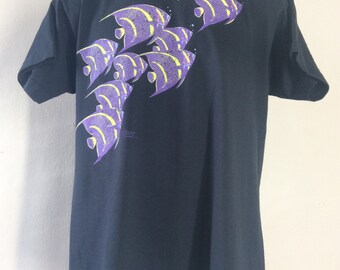 Vtg 80s Early 90s Tropical Fish T-Shirt Black L Screen Stars 50/50