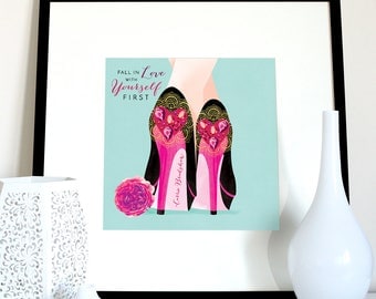 Love yourself first, Carrie Bradshaw quote, Sex and the City saying, motivational print, inspirational poster, heels illustration, stilettos