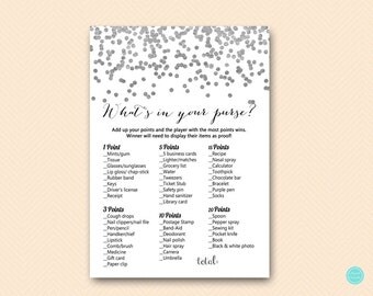 Silver Bridal Shower Games, Bridal Shower Whats in your Purse Game, Purse Raid, Purse Hunt Game, Bridal Shower Game, BS149 TLC149