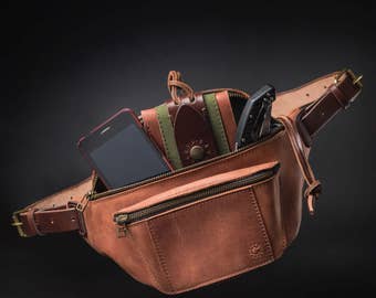 Leather fanny pack by Kruk Garage Hip bag Cognac brown leather Belt bag Festival pack Travel pouch FREE PERSONALIZATION FREE shipping