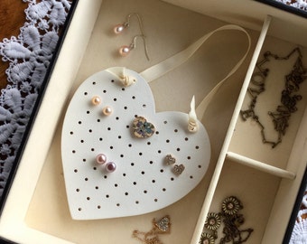 Antique White Shabby Chic Stud Earring Holder Organiser Stand For Jewellery Box Or Wall