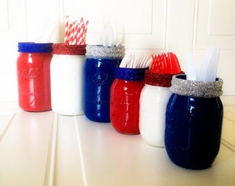 Fourth of July Barbecue Set July 4th BBQ Decor Red White and Blue Utensil Holders Painted Wide Mouth Quart Mason Jars Pint Size Painted Jars