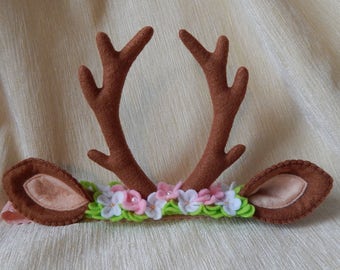 Deer antlers headband. Flower deer antlers headband. Felt deer horn headband. Deer horn headband. Felt flower headband. Girls headband.