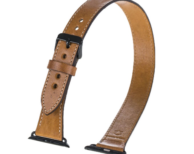 Apple Watch Band Double Tour Genuine Leather Band, Leather Band 38mm 42mm for Series 1 - 2 - 3 in Camel with Black Pins and Clasp