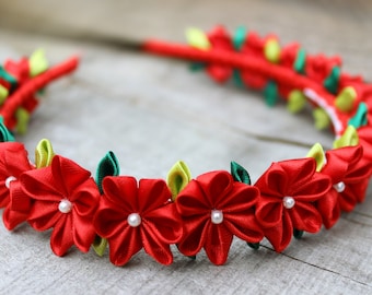 Small flower crown Valentine headband Kanzashi Red flower headband Gift for baby girl headband Photo prop Birthday gift for girl Baby shower