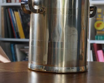 Vintage Tall Brass Ice Bucket with Black Wooden Handles/ Hollywood Regency