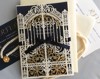 Custom listing for Karen - elegant laser cut pearl white palace gate invitation gold foiled gate folding with navy ribbon Disney wedding
