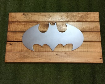Batman Metal Style Sign MDF Board Cut Out Logo With Faux Metal Finish On Rustic Pallet Wood