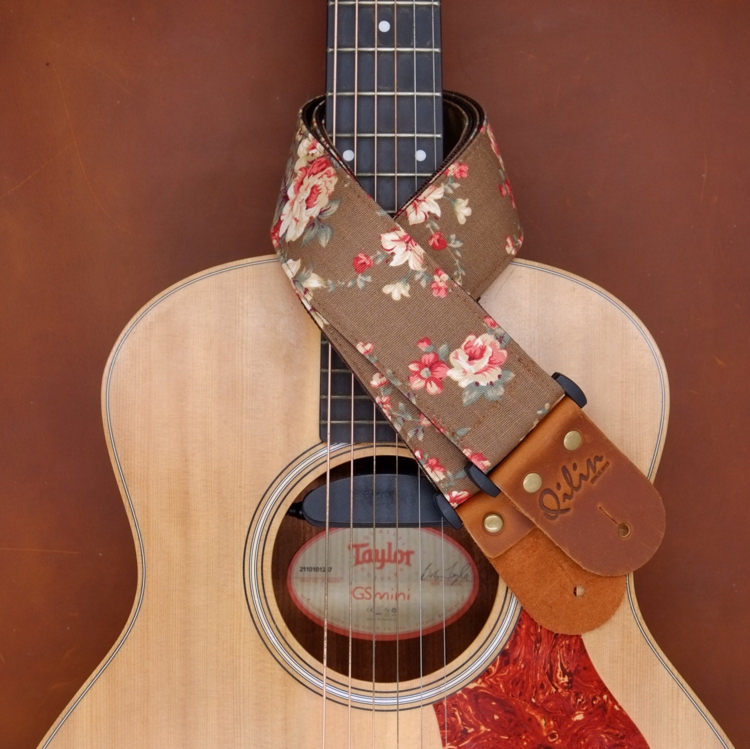 Brown Fabric Flower Guitar Strap