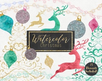 WATERCOLOR CHRISTMAS CLIPART Commercial Use Clip Art Gold Christmas Trees Reindeer Ornaments Lights Holiday Digital Clipart Instant Download