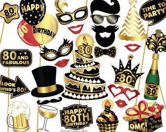 80th Birthday Photo Booth Props DIY / Eightieth Birthday Party Photobooth Props / Colorful Black and Gold / Printable PDF ▷ Instant Download