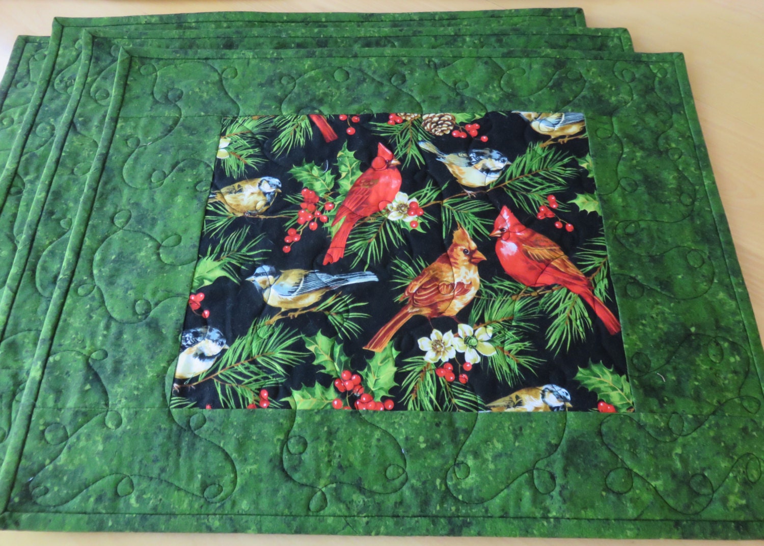 Quilted Table Topper Christmas Quilted Placemats Birds Handmade Cardinals Winter