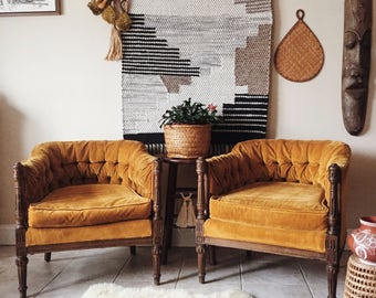 RESERVED Mustard Yellow Velvet Tufted Barrel Back Chairs, yellow tufted vintage chairs, french tufted back chairs, pair of mustard yellow vi
