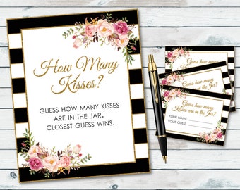 How Many Kisses Sign Printable, Guess How Many Kisses, Bridal Shower Kisses Game, Guessing Shower Game, Black And White Stripes, Floral
