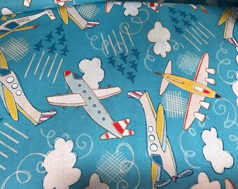 Airplanes & clouds fabric, novelty fabric, air mail fabric, airplane, clouds, cotton fabric