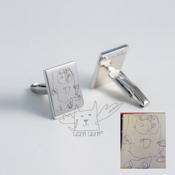 Christmas gift for him, Personalized white gold plated silver cufflinks from your child's drawings, gift for husband