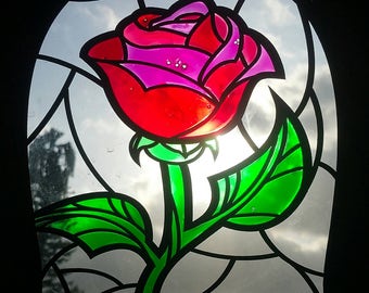 Disney Inspired Beauty & The Beast Rose Imitation Stained Glass Window or Wall Art