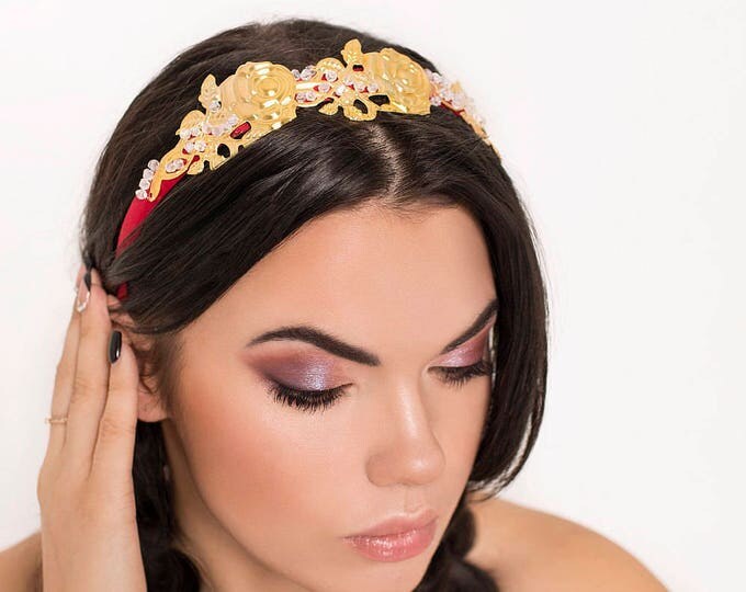 Gold Rose Crown Gold Roses Tiara flamenco costume Headband Dolce Style gift for girl Baroque Crown Fascinator Spanish Style Wedding Bride