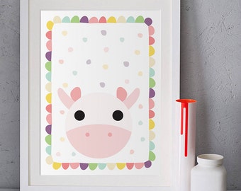 Cow poster, Baby room decor, Children illustration, Kids wall art, Cow painting, Pastel pink, Nursery wall art animals, girl nursery prints