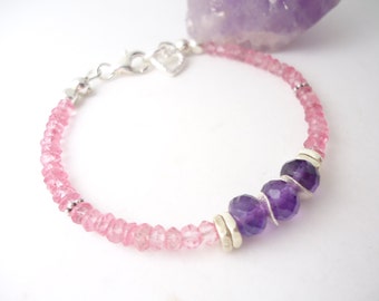 Amethyst Bracelet Pink Topaz Bracelet Beaded Jewelry Gemstone Heart Bracelet Gift for Her Heart Charm Bracelet Stackable Bracelet Layering