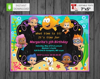 Printable invitation Bubble Guppies for girls in PDF with Editable Texts, Bubble Guppies Invitation chalkboard, edit and print yourself!