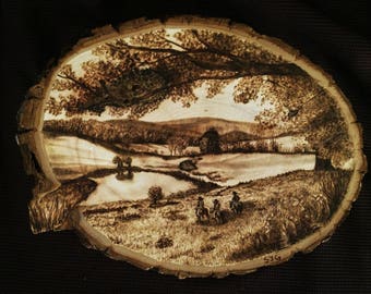 Handmade Wood Burning of Vermont Landscape and Riders