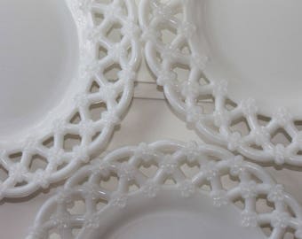 Westmoreland Milk Glass Plates, Set of 4, Vintage Dessert Plates, Milk Glass Plate With Lace Border, Shabby Chic, Farmhouse Plate