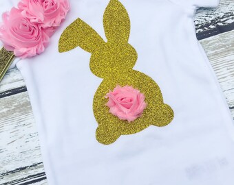 Easter Onesie, Baby Easter Shirt, Gold Bunny Shirt with flower tail, First Easter Shirt, Easter Baby Outfit, Gold Glitter Easter Shirt
