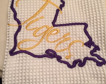 Tigers/Louisiana Waffle Weave Kitchen Towel-Kitchen Towel-Louisiana, LSU-Embroidered Towel