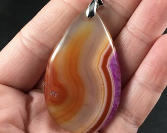 Orange Purple Druzy Agate Stone Pendant Necklace