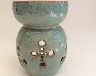 Handmade Essential Oil Burner, soy/wax melts, candle holder, stoneware, blue/turquoise/bronze glaze, studio pottery, Artisan, IN STOCK