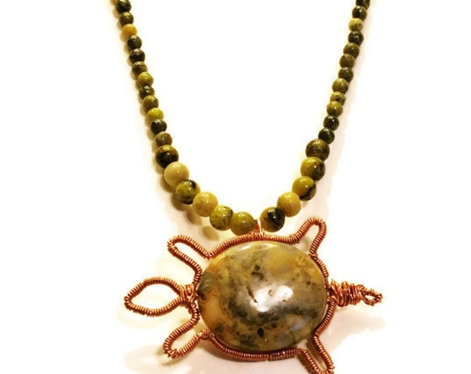 Mexican Crazy Lace Agate and Copper Turtle Necklace, Copper Turtle Pendant, Yellow Turquoise Necklace