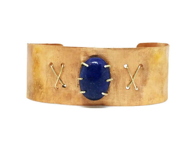 Lapis Lazuli Copper and Sterling Silver Cuff Bracelet, Truth Crystal Bracelet, Mixed Metal Bracelet, Third Eye Chakra Jewelry