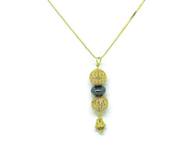 Hematite Gemstone Necklace, Gold Plated Filigree Beaded Necklace, Unique Birthday Gift, Gemstone & Gold Necklace, 22k Gold Plated Necklace