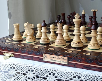 Personalized 16"/40cm Ornamented Chess Set; All carved by hand - Medium Chess Set - Beautiful gift for birthday - Personalization for FREE