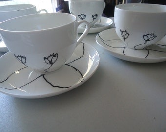 Hand-painted black and white tea cups, Set of 4.