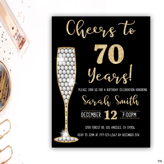 70th birthday invitation gold glitter glam invitation