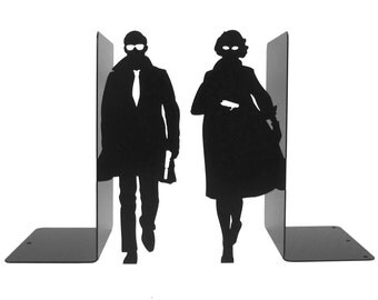 Pair of large black bookends "Secret Agents"