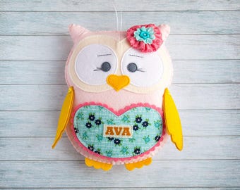 Tooth fairy pillow Daughter gift Pink owl gift Custom pillow Animal ornaments Teeth pillow Personalized cushion Cute owl decor Navy and pink